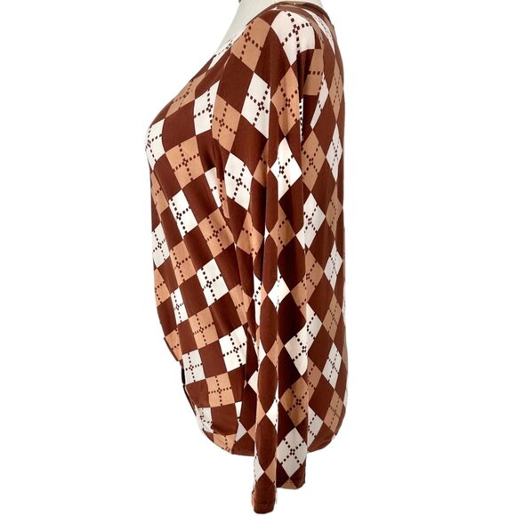 Inner Circle Blouse Womens XL Brown Argyle Print Soft Stretchy Long Sleeves - Picture 5 of 12